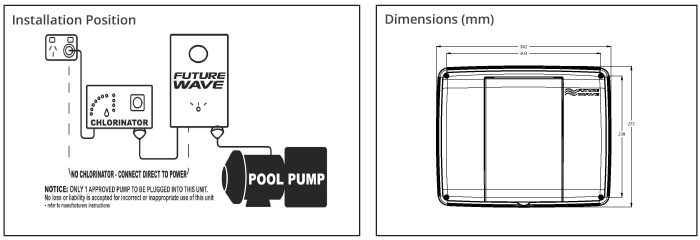 A diagram of the dimensions and pool pump.